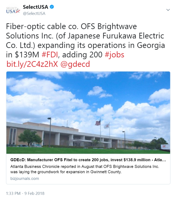 Fiber-optic cable co. OFS Brightwave Solutions Inc. (of Japanese Furukawa Electric Co. Ltd.) expanding its operations in Georgia in $139M #FDI...