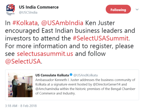 In #Kolkata, @USAmbIndia Ken Juster encouraged East Indian business leaders and investors to attend the #SelectUSASummit...