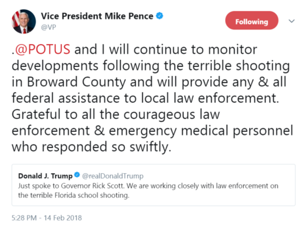 .@POTUS and I will continue to monitor developments following the terrible shooting in Broward County and...