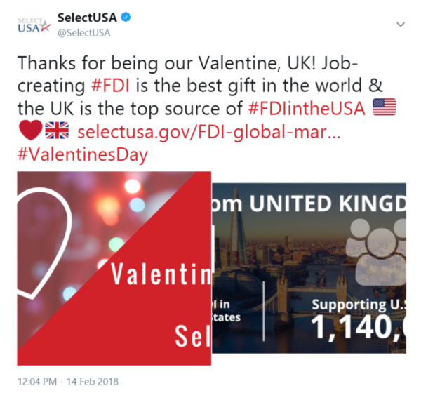 hanks for being our Valentine, UK! Job-creating #FDI is the best gift in the world & the UK is the top source of #FDIintheUSA