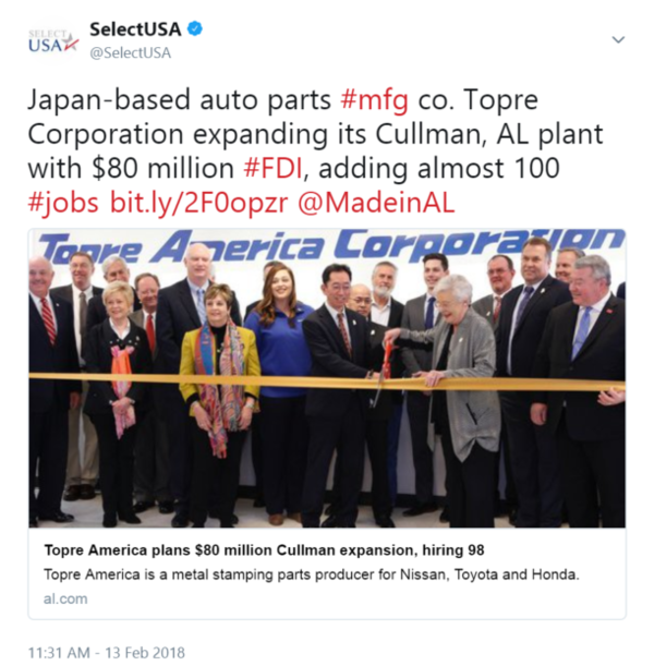 Japan-based auto parts #mfg co. Topre Corporation expanding its Cullman, AL plant with $80 million #FDI, adding almost 100 #jobs