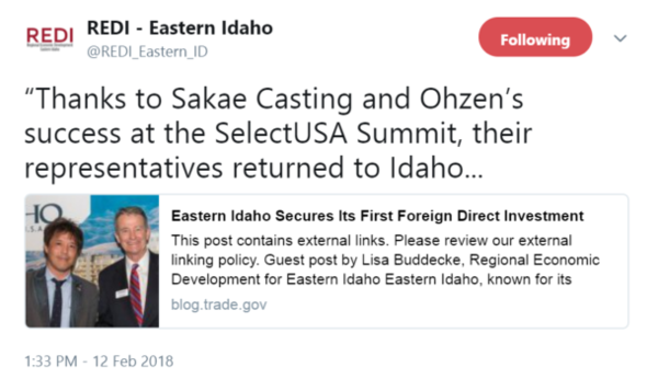 “Thanks to Sakae Casting and Ohzen’s success at the SelectUSA Summit, their representatives returned to Idaho...
