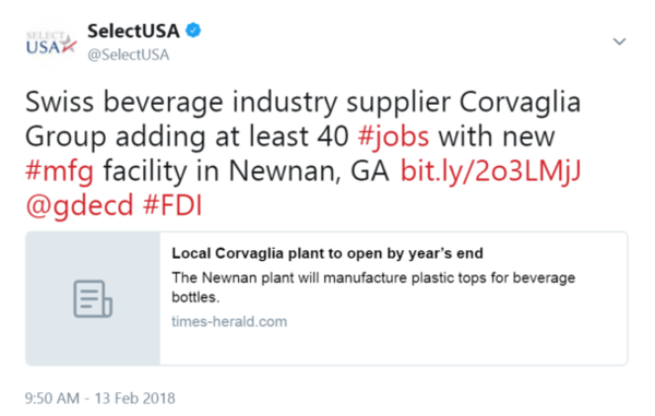 Swiss beverage industry supplier Corvaglia Group adding at least 40 #jobs with new #mfg facility in Newnan, GA