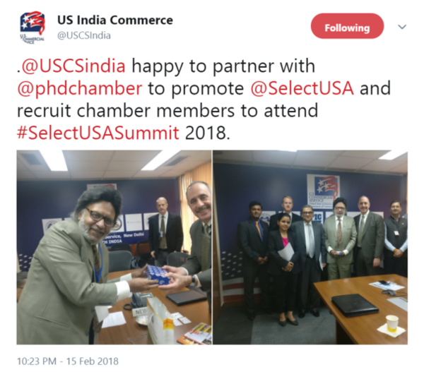 .@USCSindia happy to partner with @phdchamber to promote @SelectUSA and recruit chamber members to attend #SelectUSASummit 2018.