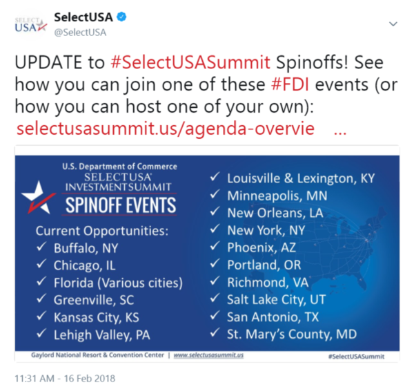 UPDATE to #SelectUSASummit Spinoffs! See how you can join one of these #FDI events (or how you can host one of your own)