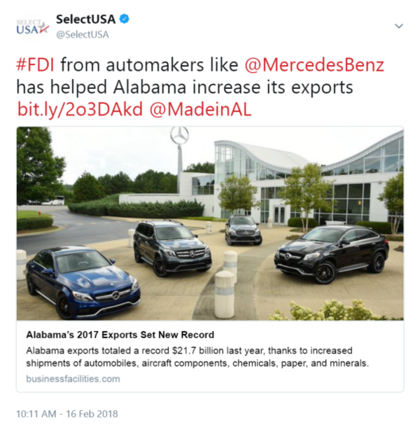 #FDI from automakers like @MercedesBenz has helped Alabama increase its exports