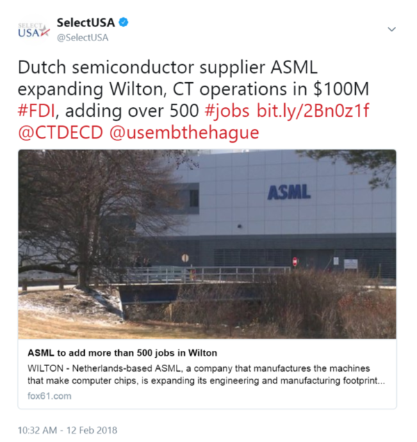Dutch semiconductor supplier ASML expanding Wilton, CT operations in $100M #FDI, adding over 500 #jobs