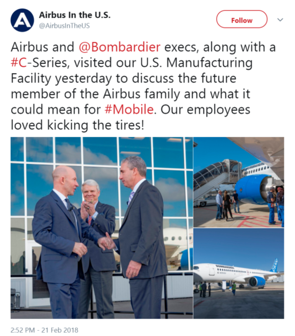 Airbus and @Bombardier execs, along with a #C-Series, visited our U.S. Manufacturing Facility yesterday to discuss the future member of...