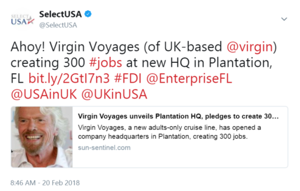 Ahoy! Virgin Voyages (of UK-based @virgin) creating 300 #jobs at new HQ in Plantation, FL http://bit.ly/2GtI7n3  #FDI @EnterpriseFL @USAinUK @UKinUSA