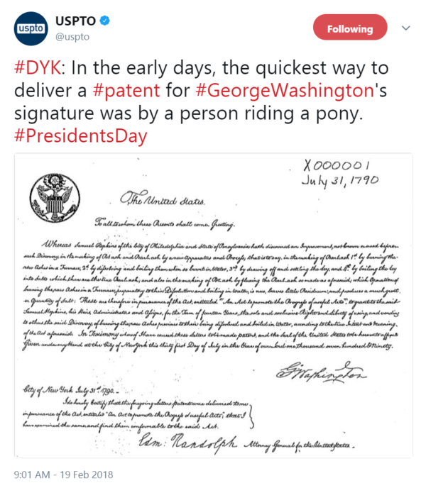 #DYK: In the early days, the quickest way to deliver a #patent for #GeorgeWashington's signature was by a person riding a pony. #PresidentsDay