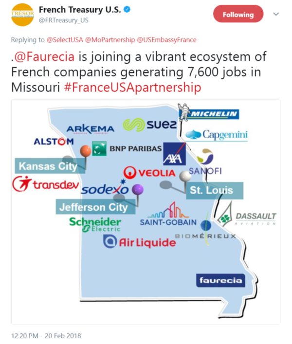 .@Faurecia is joining a vibrant ecosystem of French companies generating 7,600 jobs in Missouri #FranceUSApartnership