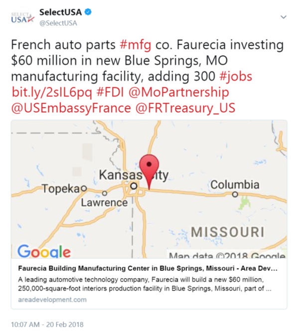French auto parts #mfg co. Faurecia investing $60 million in new Blue Springs, MO manufacturing facility, adding 300 #jobs