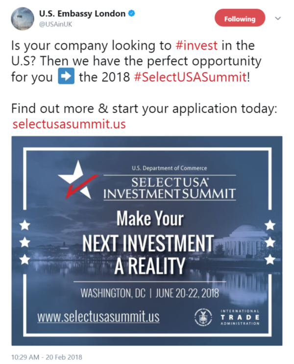 Is your company looking to #invest in the U.S? Then we have the perfect opportunity for you ➡️ the 2018 #SelectUSASummit! 