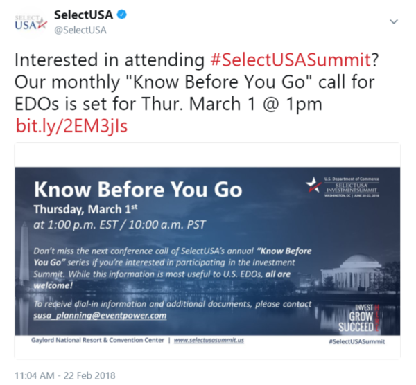 Interested in attending #SelectUSASummit? Our monthly "Know Before You Go" call for EDOs is set for Thur. March 1 @ 1pm