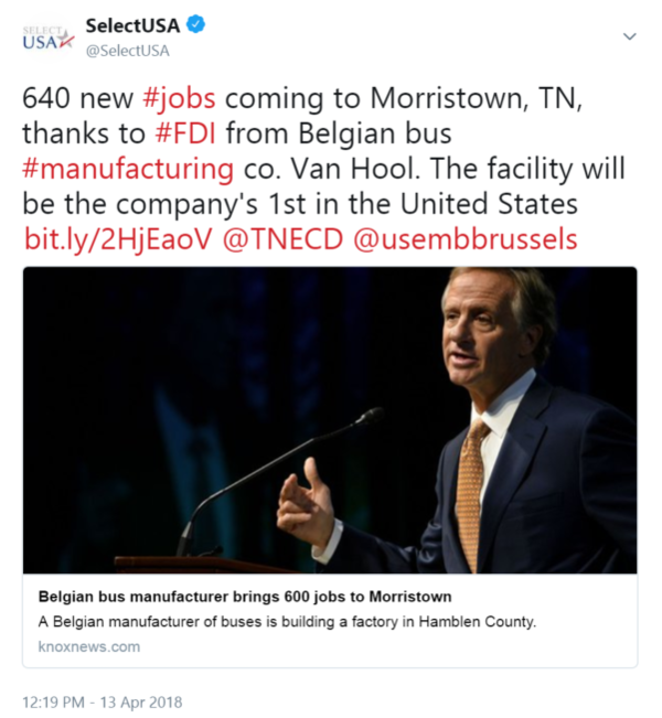 640 new #jobs coming to Morristown, TN, thanks to #FDI from Belgian bus #manufacturing co. ...