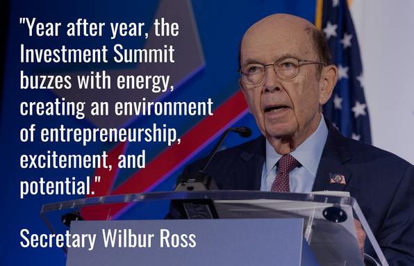 Image of Secretary Wilbur Ross at the podium of the 2019 SelectUSA Investment Summit with quote text - click/tap to read the blog post