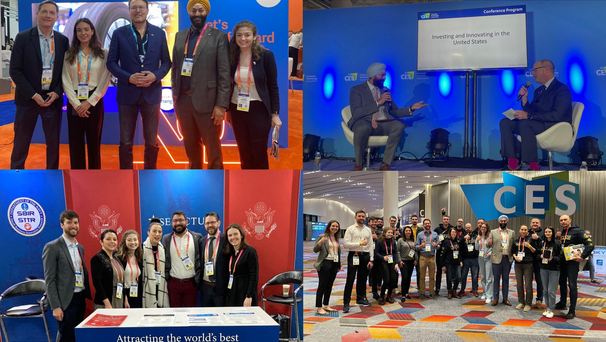 Collage of pictures of SelectUSA delegation at CES 2023 conference. 