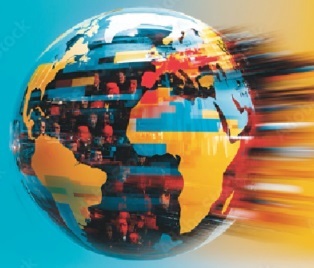 Globe that is orange, blue, and red spinning fast