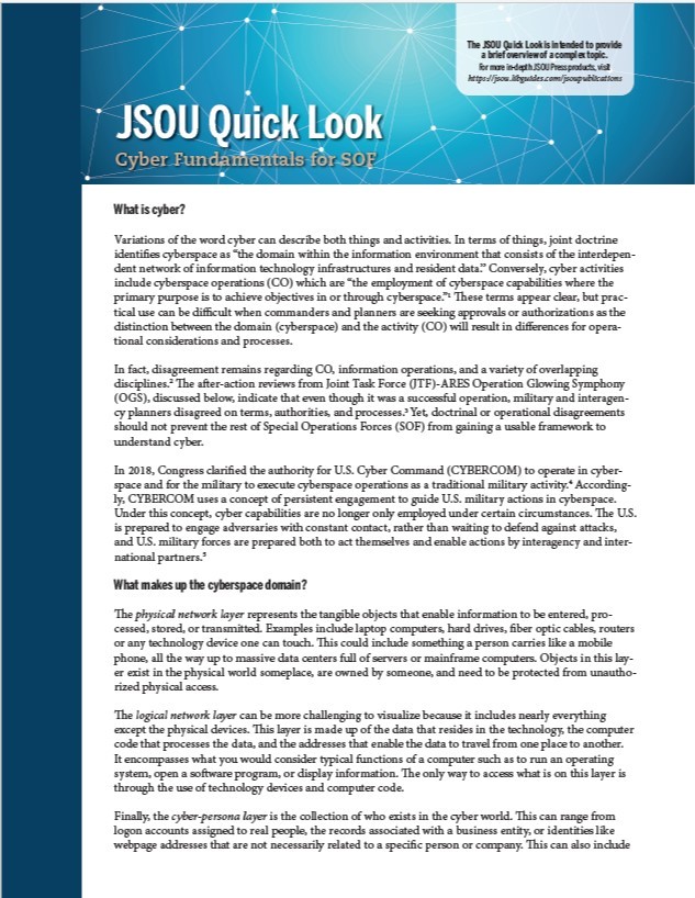 JSOU Press Quick Look-Cyber Fundamentals for SOF