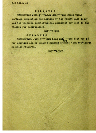 AP Bulletin from 6/14/1919 announcing Senate passage of women's voting rights amendment