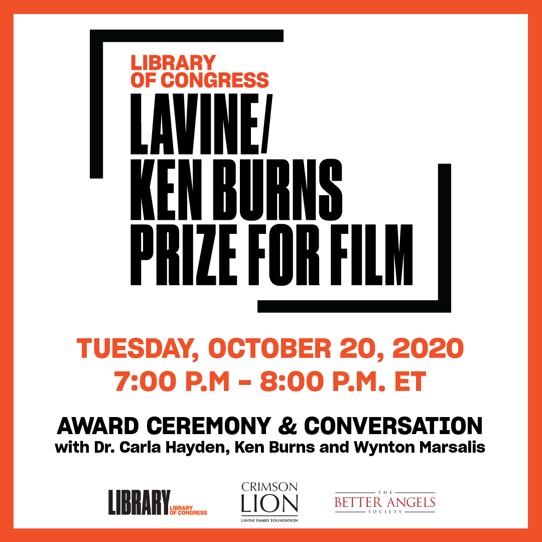 Social graphic with text promoting the 2020 Library of Congress/Lavine Ken Burns Prize for Film