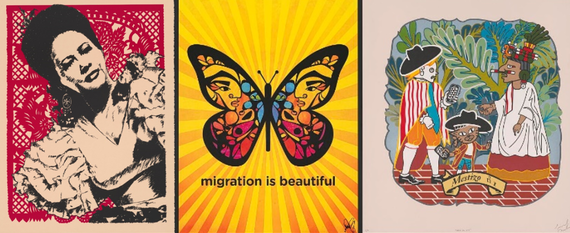 Tona La Negra-Cantante Mexicana by Ester Hernandez; Migration is Beautiful by Favianna Rodriguez; Mestizo no. 1 by Michael Menchaca.