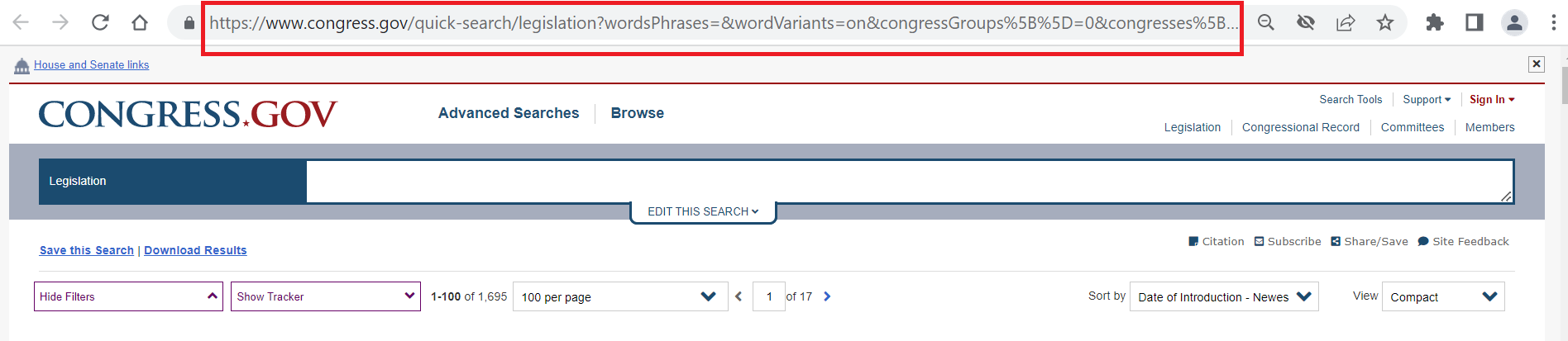 Congress.gov Legislation Search Page URL