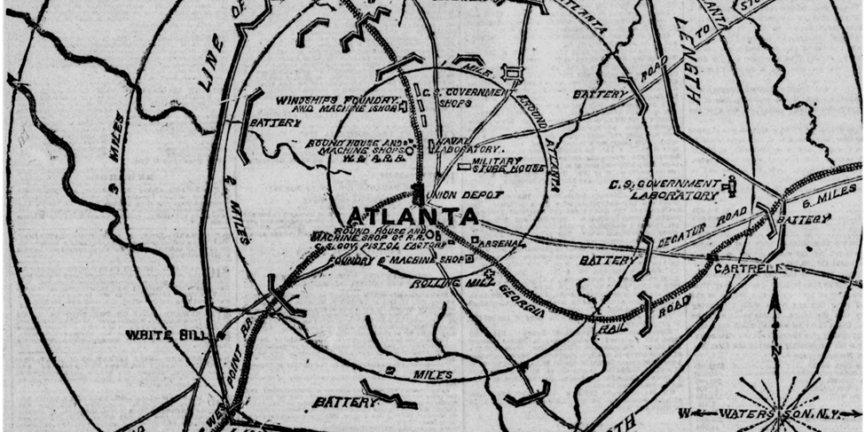 A contemporary newspaper map of the city of Atlanta in 1864 showing the location of some fortifications