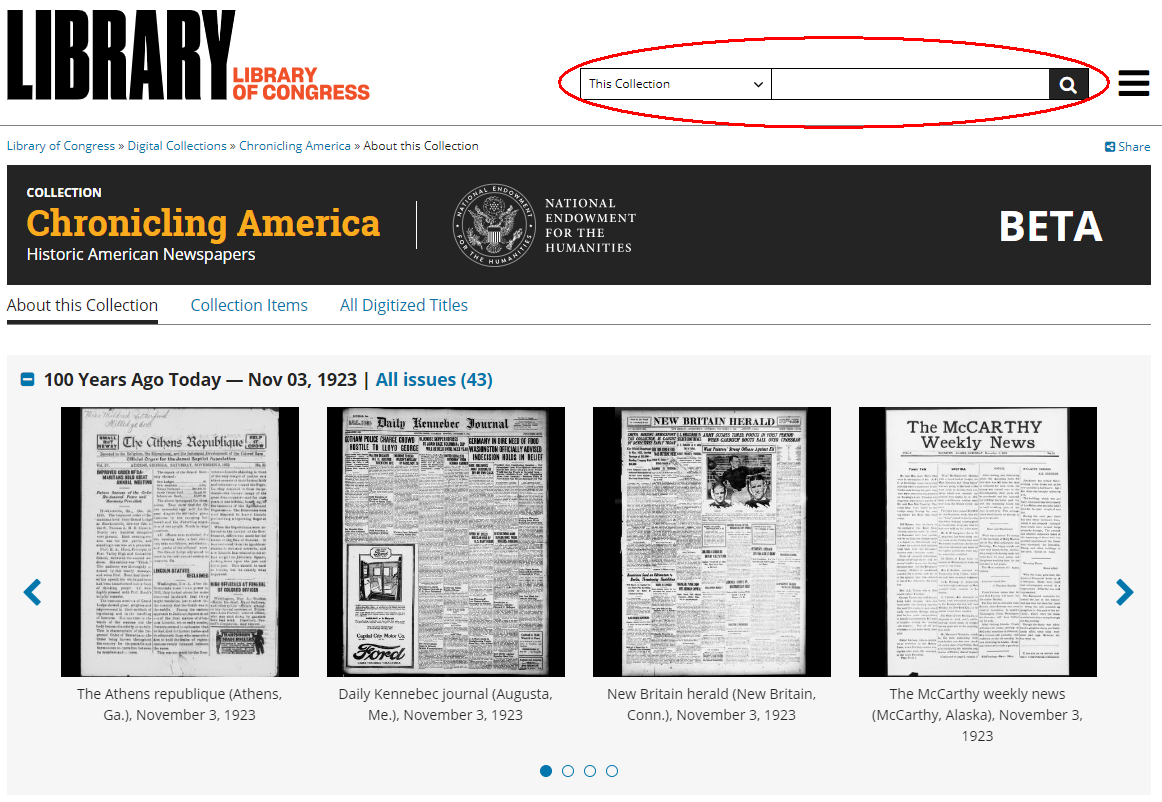 Screenshot of the Chronicling America homepage with simple search circled in red