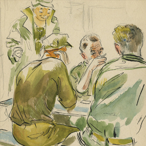 Men sit around a table playing cards in this illustration by William Munro. 