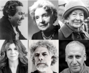 Collage of panelists: Anna Deeny Morales, Edward Hirsch, Joshua Weiner, Gabriela Mistral, Nelly Sachs, and Wisława Szymborska