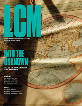 Cover of the March April 2026 issue of the Library of Congress Magazine featuring a sepia toned map cast in shadow.