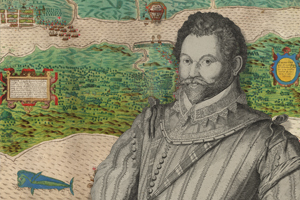 Illustration of explorer Sir Francis Drake sits in front of a 16th century map depicting his voyage