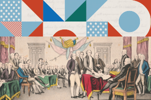 Geometric collage sits above a N. Currier lithograph of the signing of the Declaration of Independence in 19th century. 