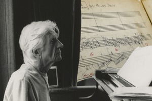 Composer Gil Evans sits at his piano. Prints and Photographs Division