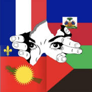 Illustration of a woman peaking through four Caribbean flags