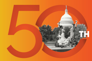 Black and white photo of flamenco dancers is inset inside the number 50 on top of a red and yellow gradient background
