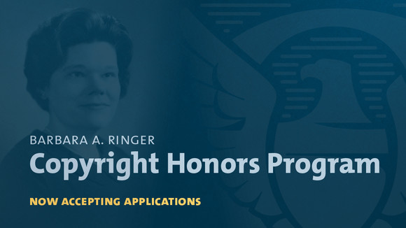 A blue toned image of Barbara Ringer, the first female register of copyrights with yellow text that reads "The Barbara Ringer Program"