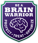 Graphic of a purple, green, and white badge with the words "Be A Brain Warrior Protect Treat Optimize".