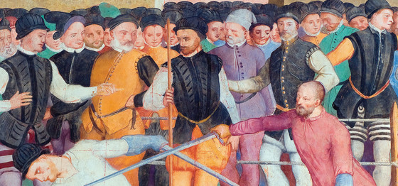 Painting of a crowd dueling