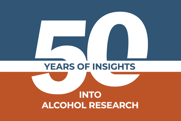 An image with a blue and orange background. Text reading, "50 years of insights into alcohol research" is in the center.