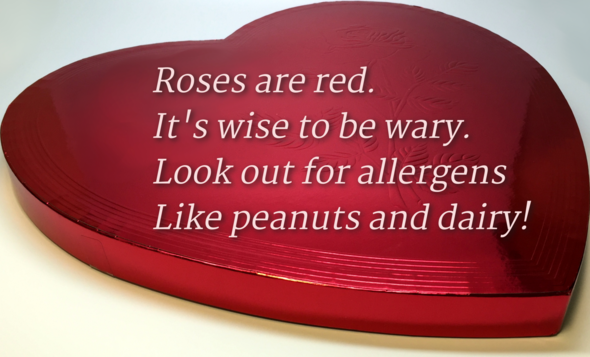 Heart-shaped box of chocolates with overlaid poem.