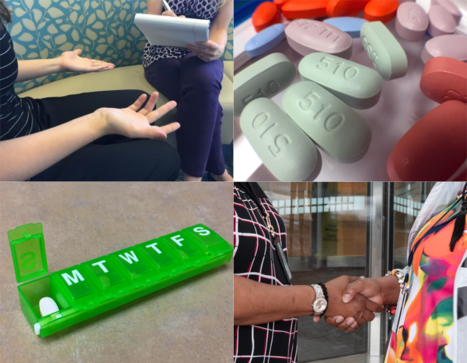 Photo collage depicting counseling, antiretroviral medications, a care provider shaking hands with a patient, and a daily pill box.