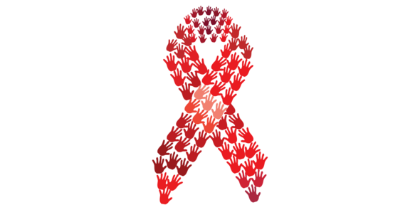 Red AIDS awareness ribbon composed of hands, symbolizing the theme "Communities Make the Difference"