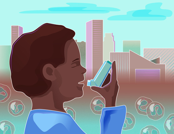 Illustration of child in urban setting holding asthma inhaler