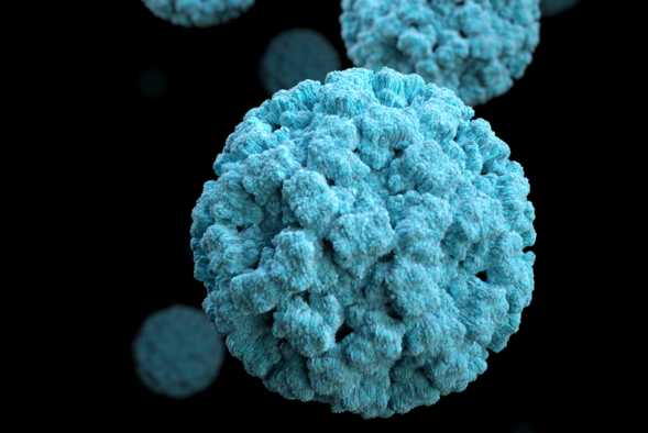 One blue spherical viral particle in the foreground with several smaller blue spherical viral particles behind it, set against a black background.