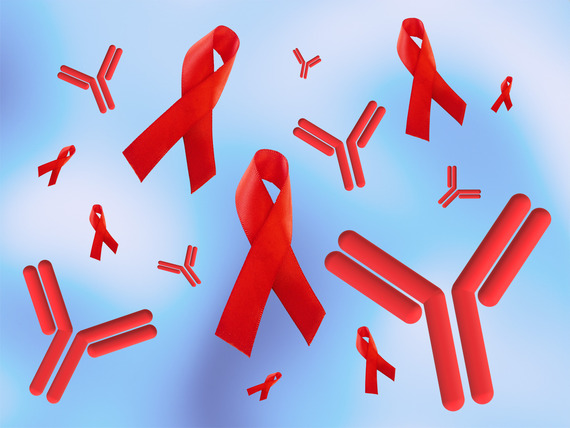 Red HIV ribbons and red antibody molecules on a blue and white background