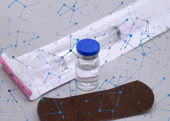 A stoppered vial filled with clear liquid, syringe, and bandage on a white surface, all covered with interconnected blue lines.