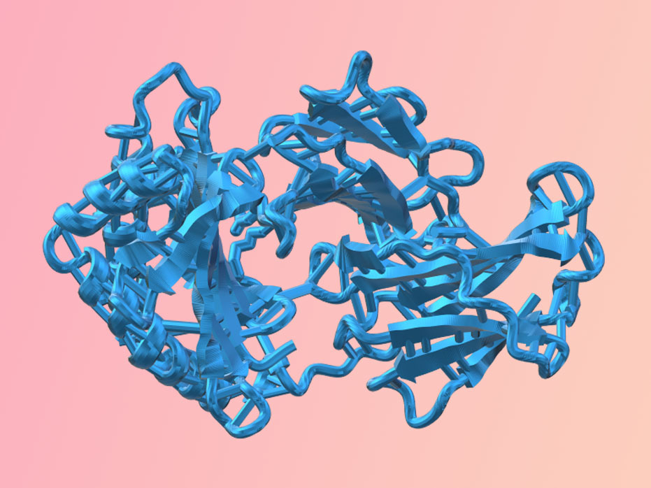 Blue ribbon model of molecule on an orange and pink background