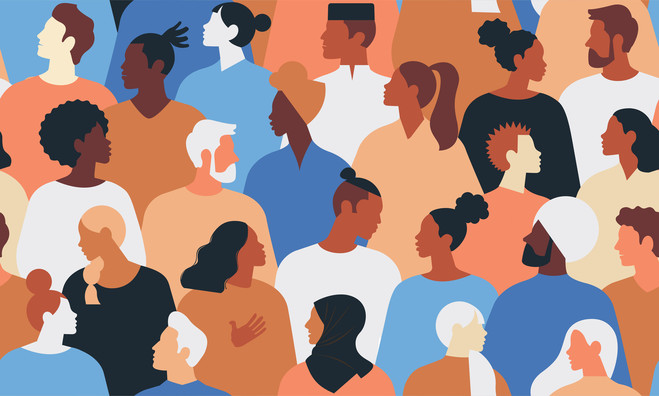 Flat cartoon vector illustration depicting a crowd of people of different ages, genders, and ethnicities. 